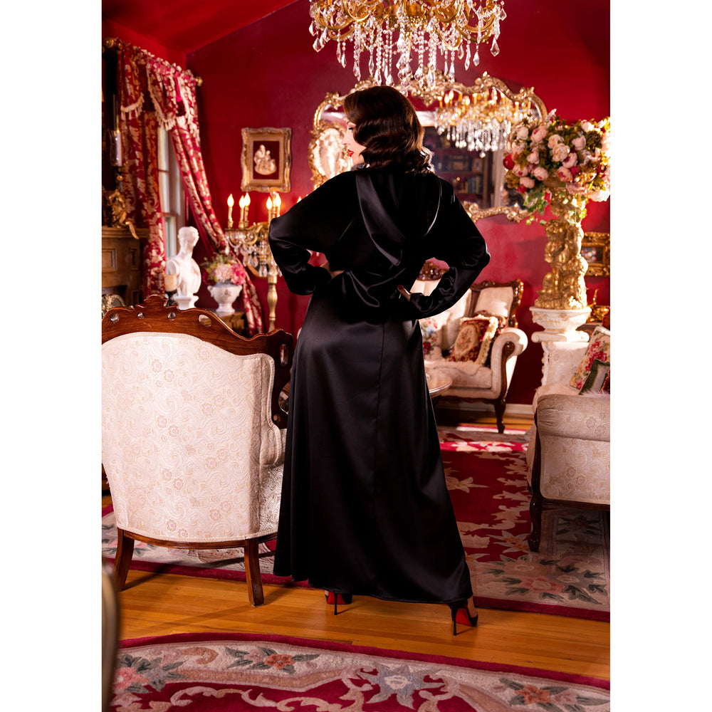 Black satin hooded gown