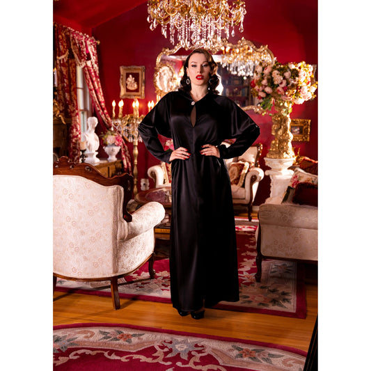 Black satin hooded gown