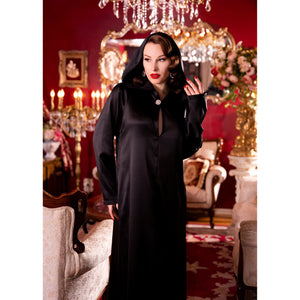 Black satin hooded gown.