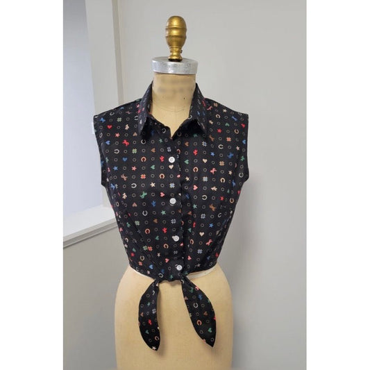 Julia Hearts and Horseshoes Print Sleeveless Tie Waist Top Black