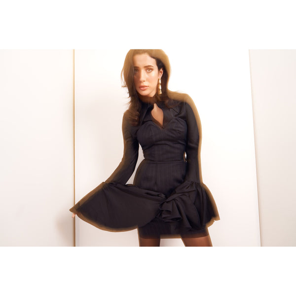 The Rachel Strapless Corset Mini Dress Pinstripe.