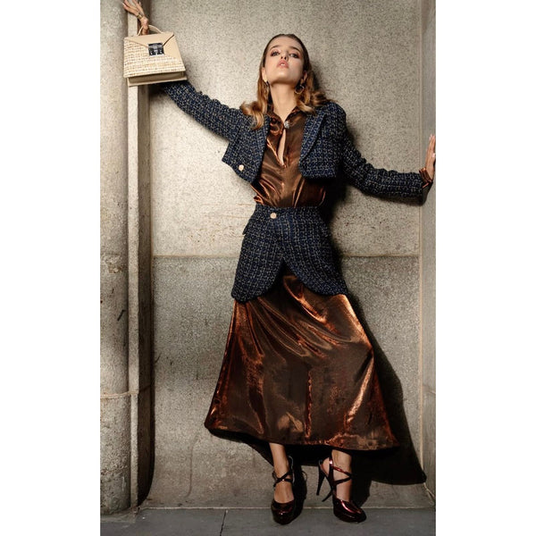 Brown and gold shimmer hooded gown