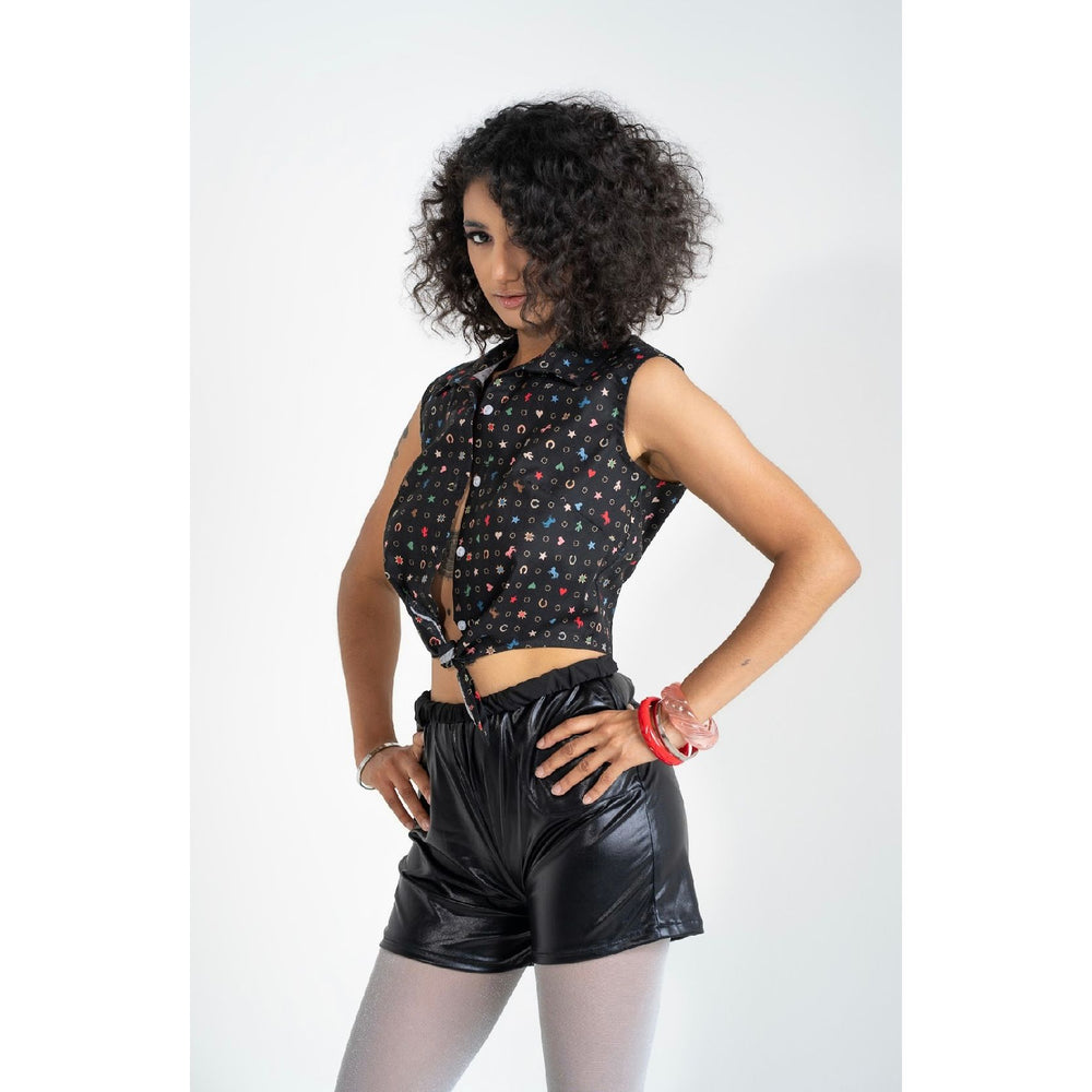 Julia Hearts and Horseshoes Print Sleeveless Tie Waist Top Black.