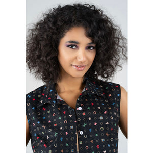 Julia Hearts and Horseshoes Print Sleeveless Tie Waist Top Black