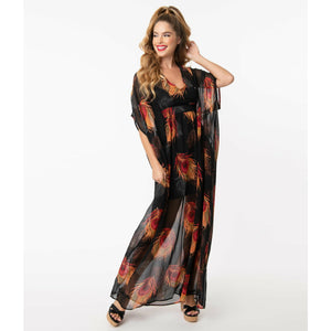 Black & Red Peacock Feather Burton Caftan Dress