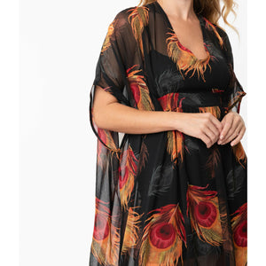 Black & Red Peacock Feather Burton Caftan Dress