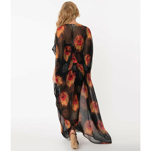 Black & Red Peacock Feather Burton Caftan Dress