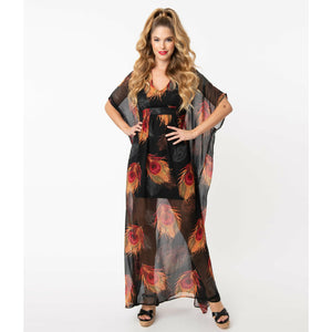 Black & Red Peacock Feather Burton Caftan Dress