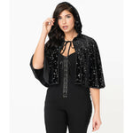 Black Velvet & Silver Stars Print Edana Hooded Capelet