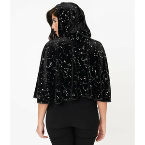 Black Velvet & Silver Stars Print Edana Hooded Capelet