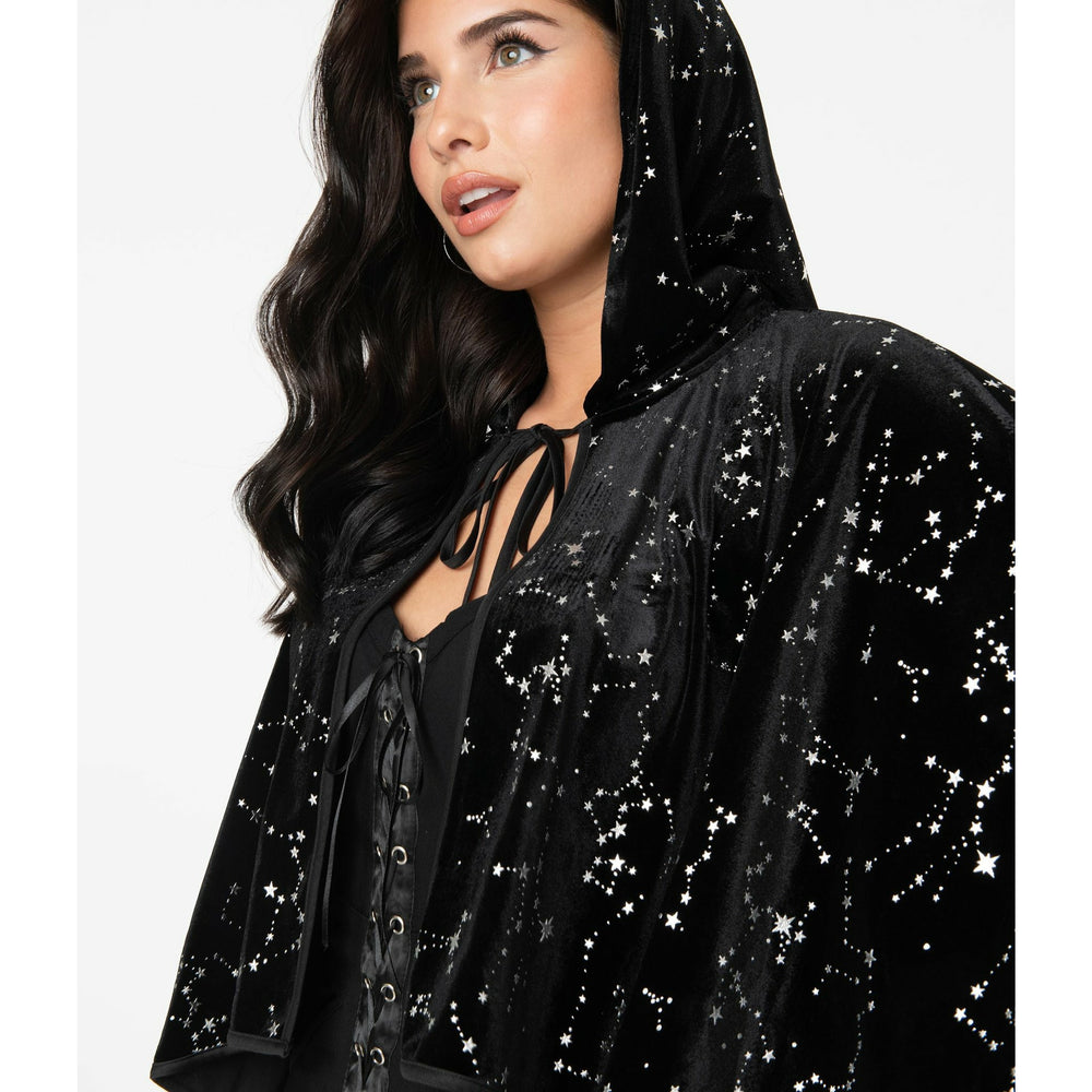 Black Velvet & Silver Stars Print Edana Hooded Capelet