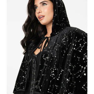 Black Velvet & Silver Stars Print Edana Hooded Capelet
