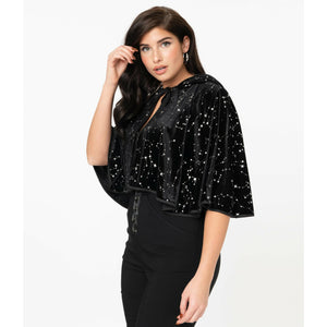 Black Velvet & Silver Stars Print Edana Hooded Capelet