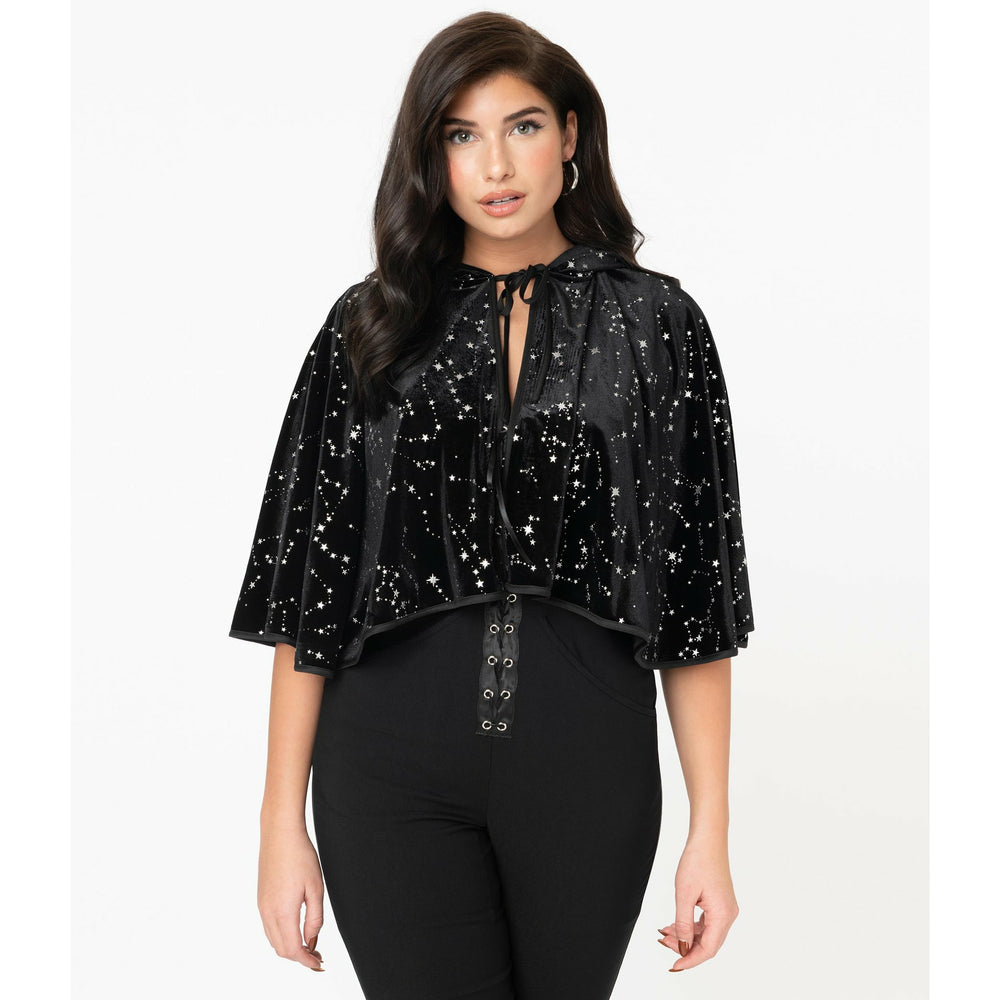 Black Velvet & Silver Stars Print Edana Hooded Capelet
