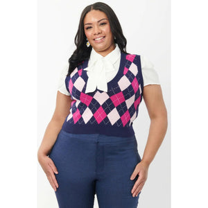 Plus Size Navy & Pink Argyle Chandler Crop Sweater Vest
