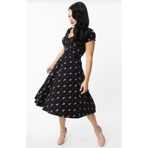 Unique Vintage Black & Pink Flamingo Print Ohara Swing Dress