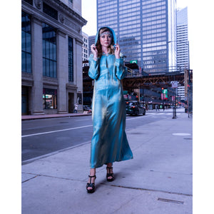 
            
                Load image into Gallery viewer, Teal and gold shimmer hooded gown
            
        