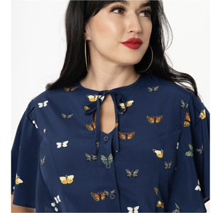 Unique Vintage Navy & Butterfly Print Cecilia Blouse