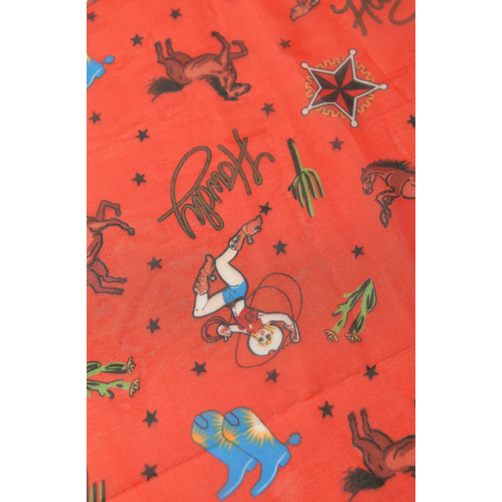 Rust Red & Western Print Chiffon Scarf