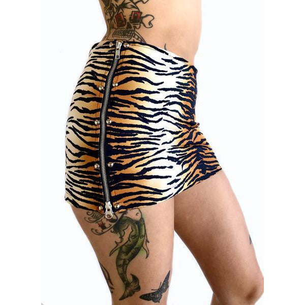 
            
                Load image into Gallery viewer, Tiger Double Studded Zip Mini Skirt
            
        