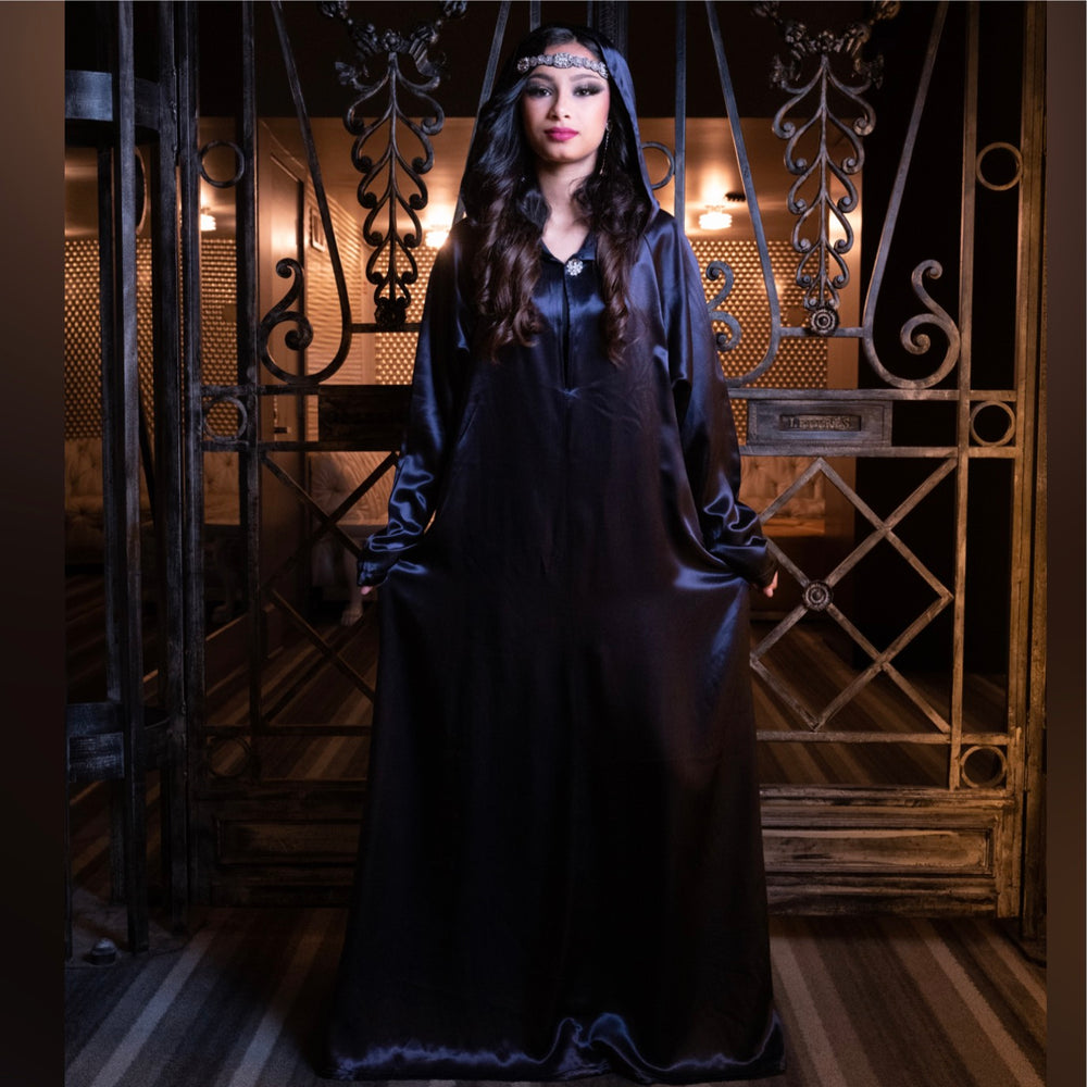 
            
                Load image into Gallery viewer, Dark Blue/Purple satin hooded gown
            
        