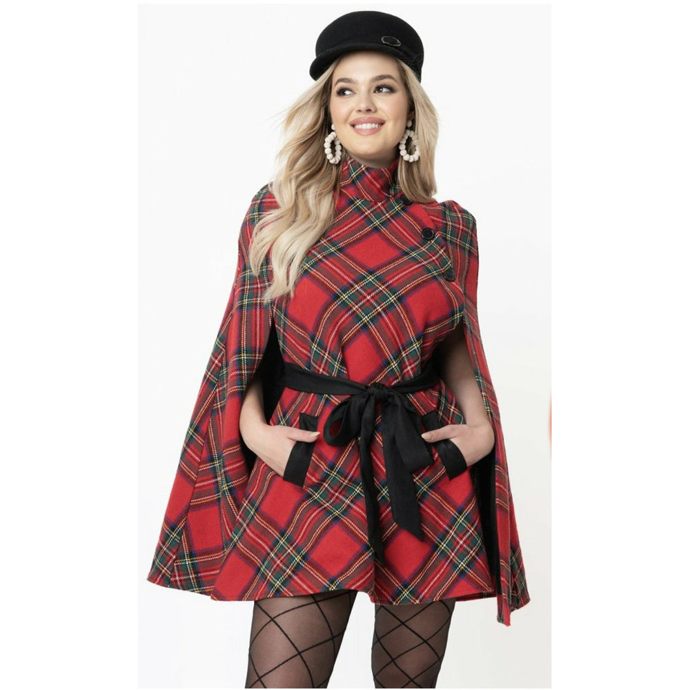 Red Plaid Savile Row Cape Coat