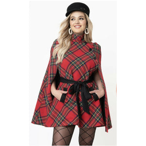 Red Plaid Savile Row Cape Coat