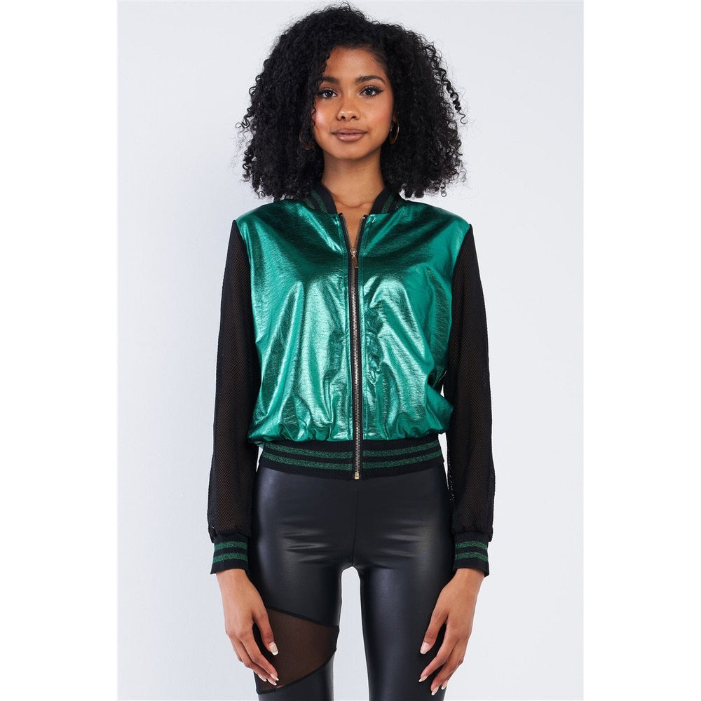 
            
                Load image into Gallery viewer, Shiny Green 1980&amp;#39;s Inspired Metallic Long Sleeve Bomber Jacket
            
        