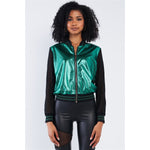 Shiny Green 1980's Inspired Metallic Long Sleeve Bomber Jacket