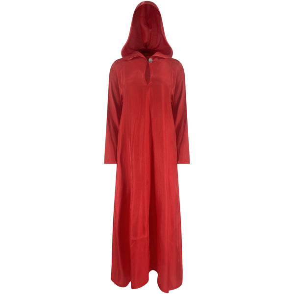 Red and gold shimmer hooded gown.