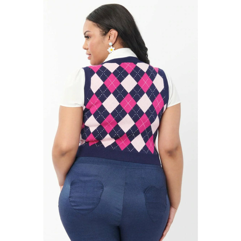 Plus Size Navy & Pink Argyle Chandler Crop Sweater Vest