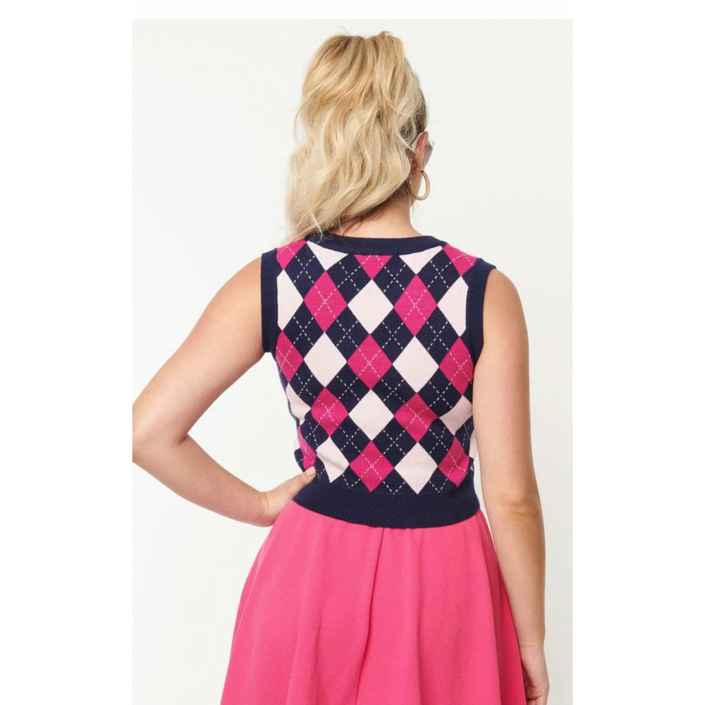 Navy & Pink Argyle Chandler Crop Sweater Vest
