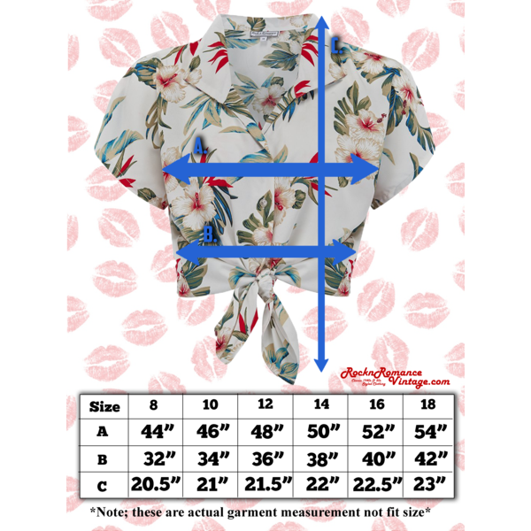 Tuck in or Tie Up "Maria" Blouse in Black Hawaiian Print, Authentic 1950s Tiki Style