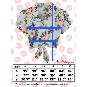 Tuck in or Tie Up "Maria" Blouse in Black Hawaiian Print, Authentic 1950s Tiki Style