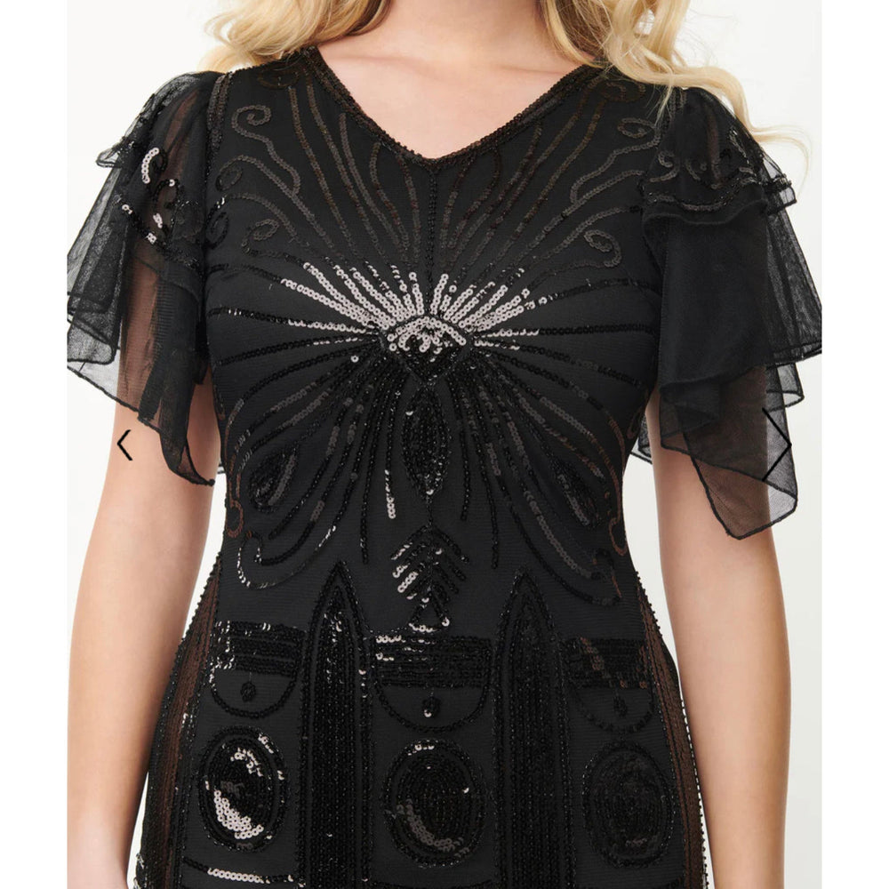
            
                Load image into Gallery viewer, Unique Vintage Black Sequin Flutter Sleeve Flapper Dress
            
        