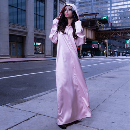 Pink satin hooded gown