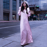 Pink satin hooded gown