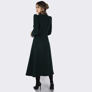 Emerald green long coat with removable leopard fur