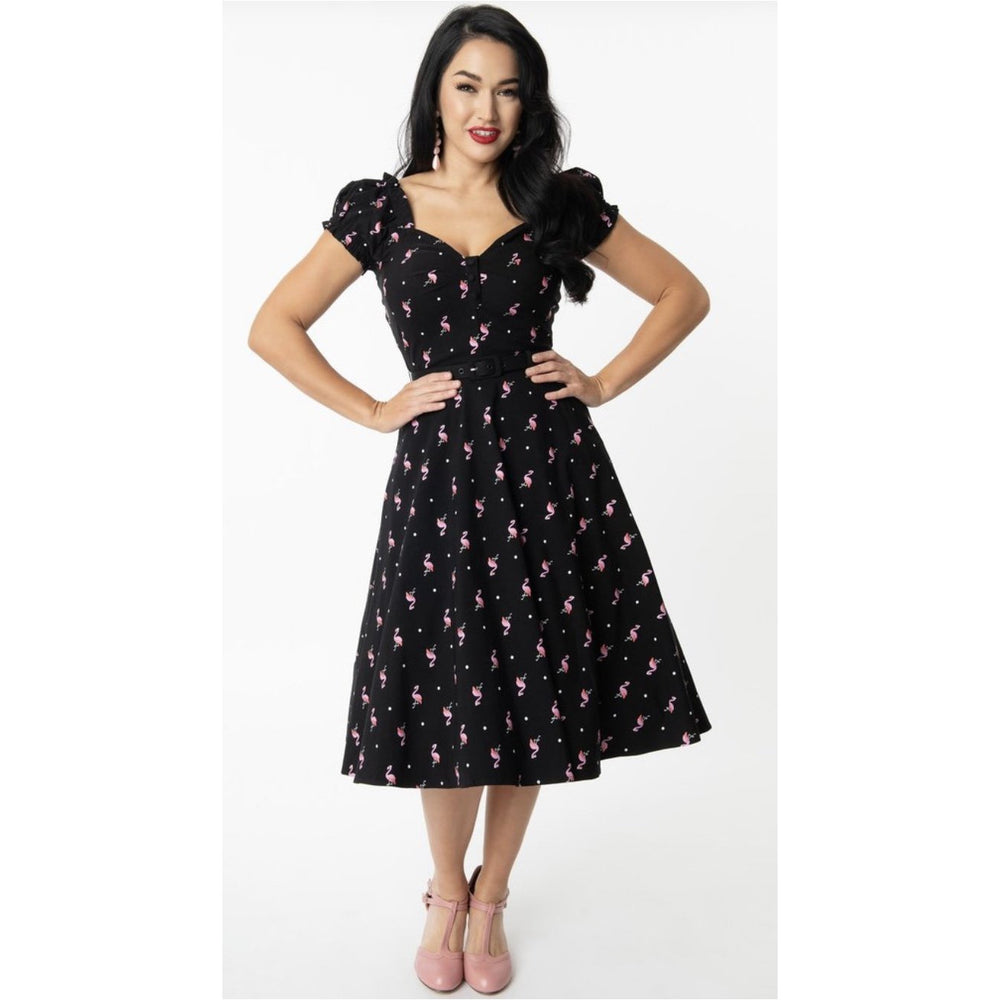Unique Vintage Black & Pink Flamingo Print Ohara Swing Dress