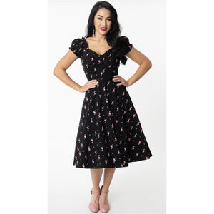 Unique Vintage Black & Pink Flamingo Print Ohara Swing Dress
