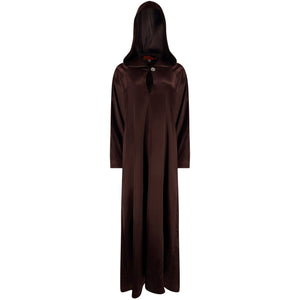 Brown satin hooded gown.