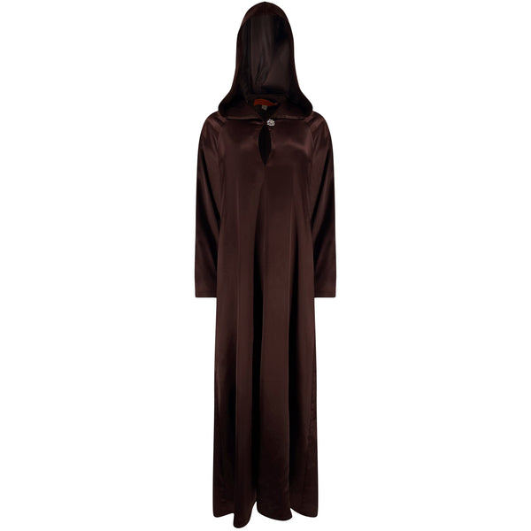 Brown satin hooded gown.