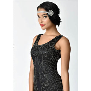 Unique Vintage Black Feather & Silver Rhinestone Spiral Stretch Headband