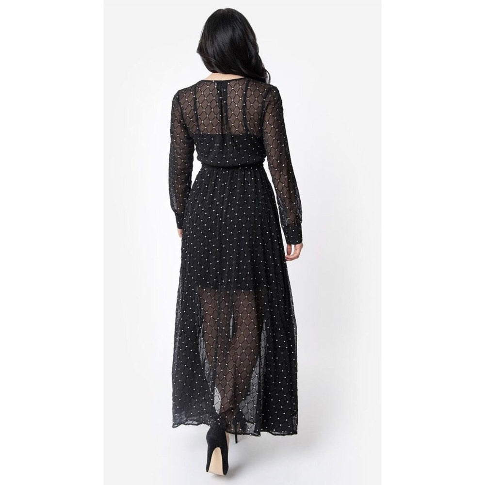 
            
                Load image into Gallery viewer, Unique Vintage Black &amp;amp; Silver Long Sleeve Farrah Maxi Dress
            
        