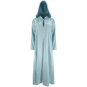 
            
                Load image into Gallery viewer, Baby Blue satin hooded gown
            
        