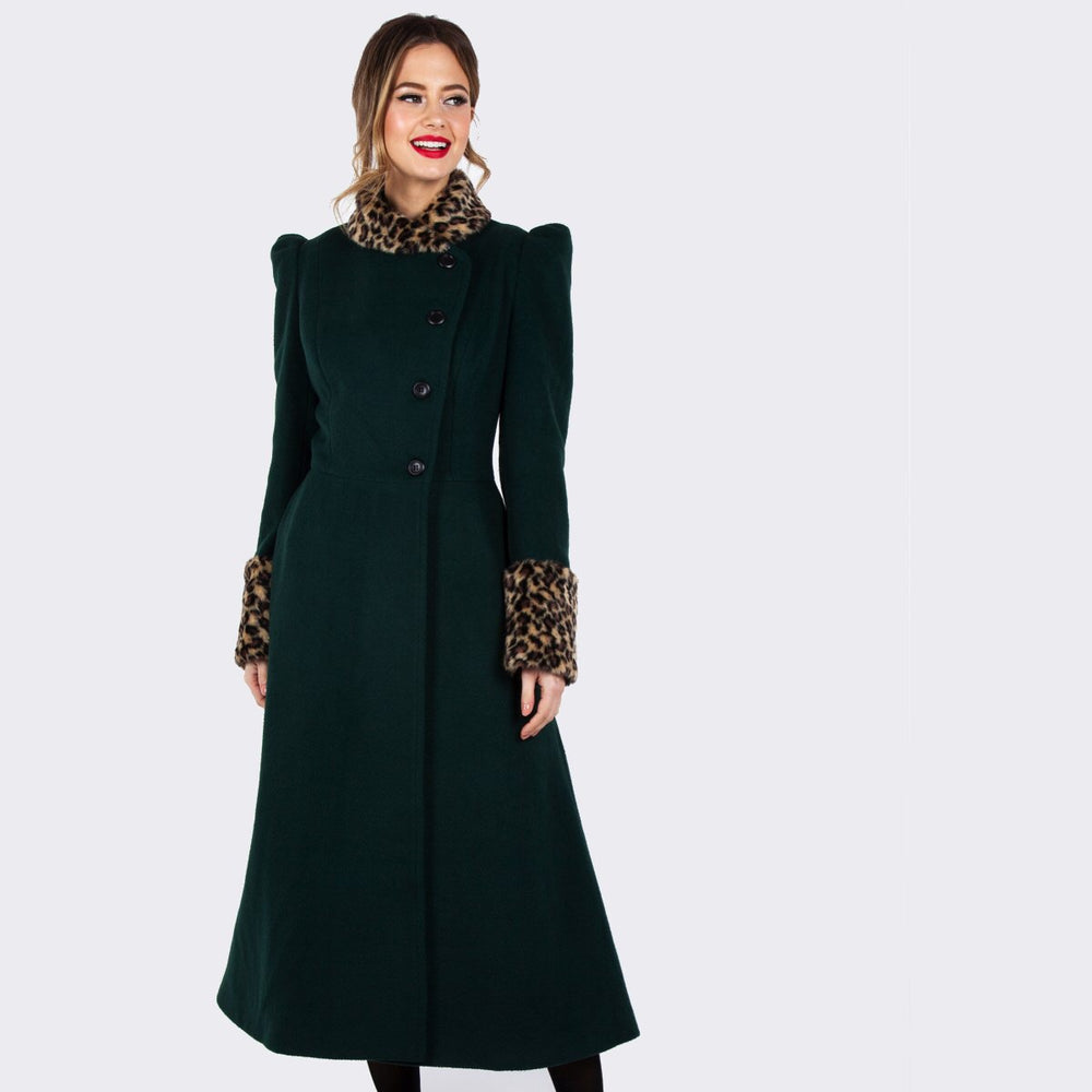 Emerald green long coat with removable leopard fur