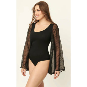 Smak Parlour Black & Swiss Dotted Bell Sleeve Bodysuit