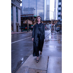 Black satin hooded gown