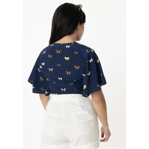 Unique Vintage Navy & Butterfly Print Cecilia Blouse