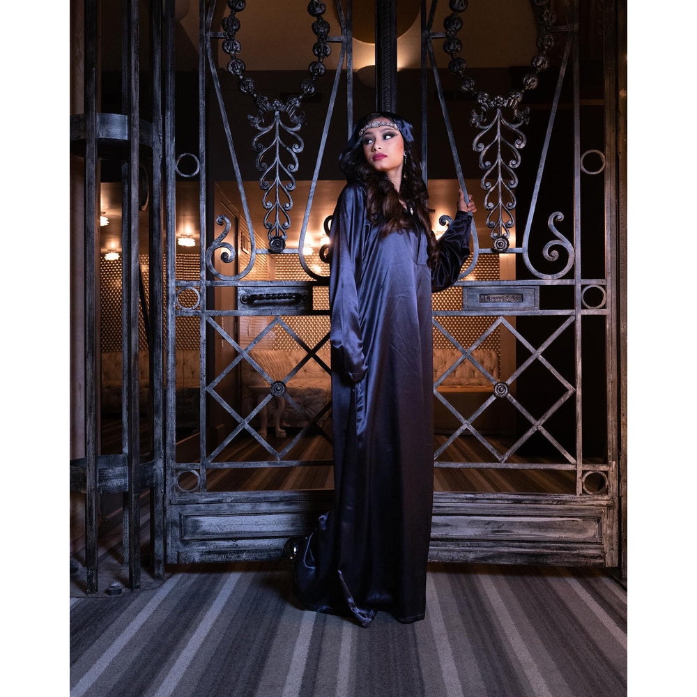 
            
                Load image into Gallery viewer, Dark Blue/Purple satin hooded gown
            
        